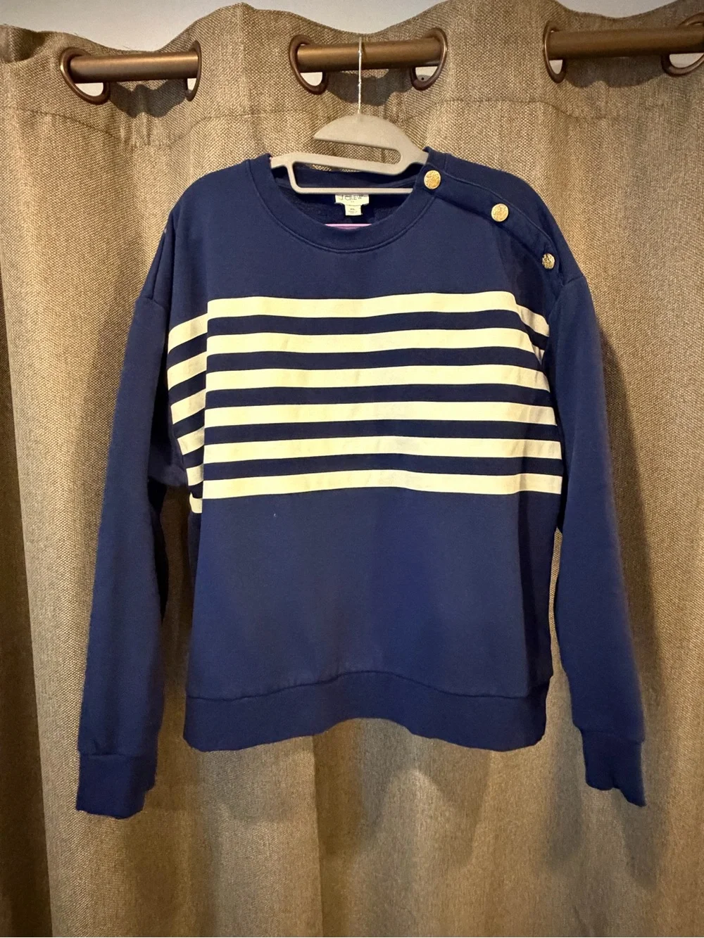 J. Crew Navy and White Striped Shoulder-Button Sweatshirt